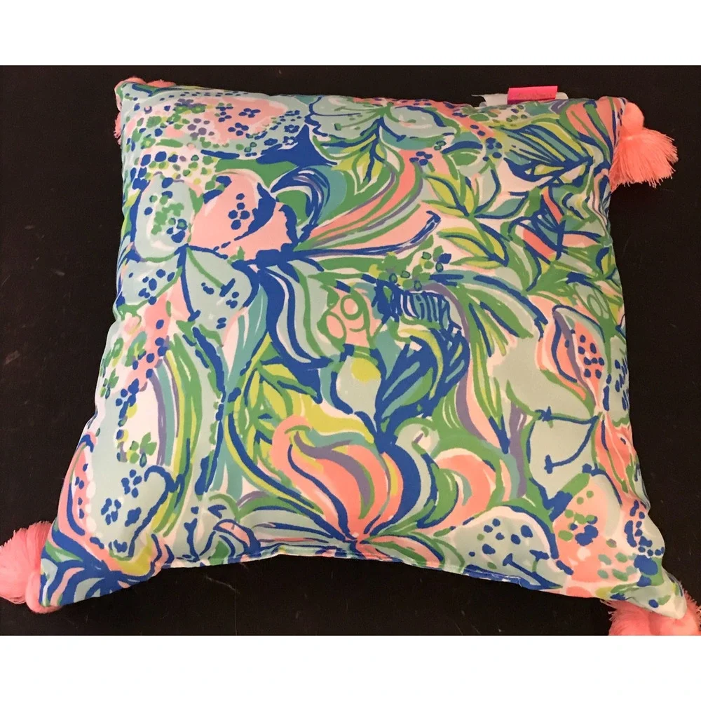 Lilly Pulitzer Feline Good Decorative Tassel Accent Pillow Tropical Pink Blue